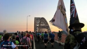 Crossing the Waal river bridge in Nijmegen on the first day of the Vierdaagse Walk of the World, The Netherlands.