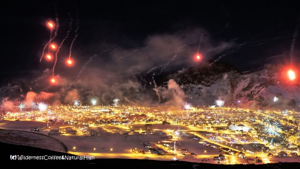 Happy New Year! Fireworks on New Years Eve, Heimaey, Vestmannaeyjar, Iceland.