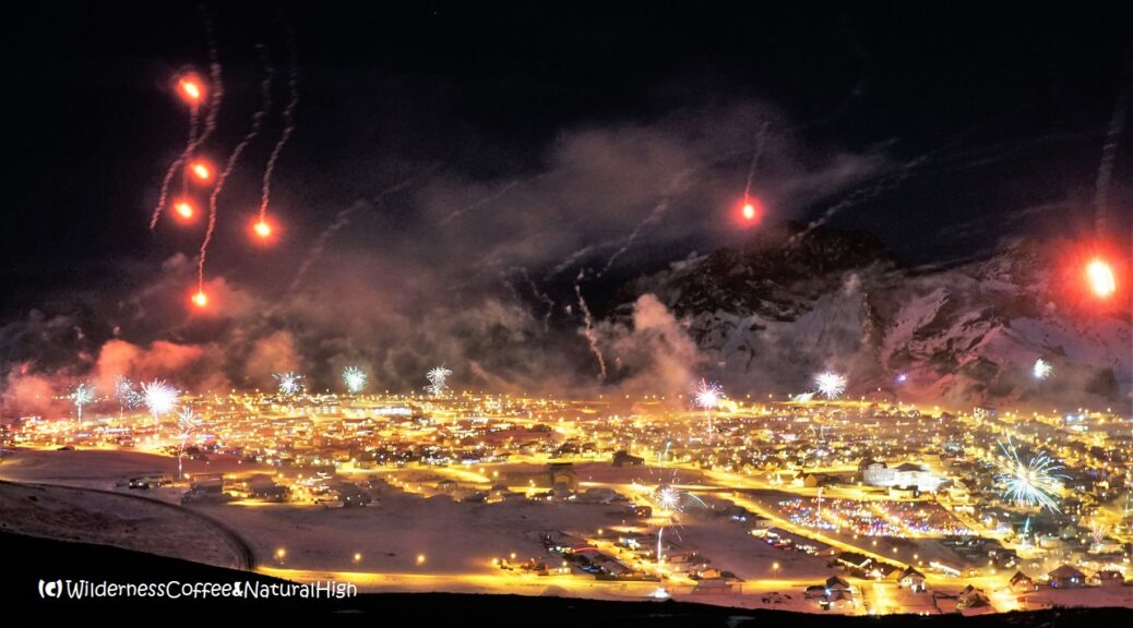 Fireworks on New Years Eve, Heimaey, Vestmannaeyjar, Iceland.