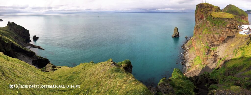 Sea view behind Herjólfsdalur, Heimaey, Vestmannaeyjar, Iceland.