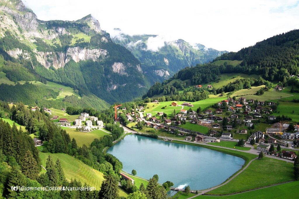 View to Engelberg, surrounded by mountains, Switzerland.