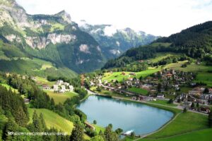 View to Engelberg, surrounded by mountains, Switzerland.
