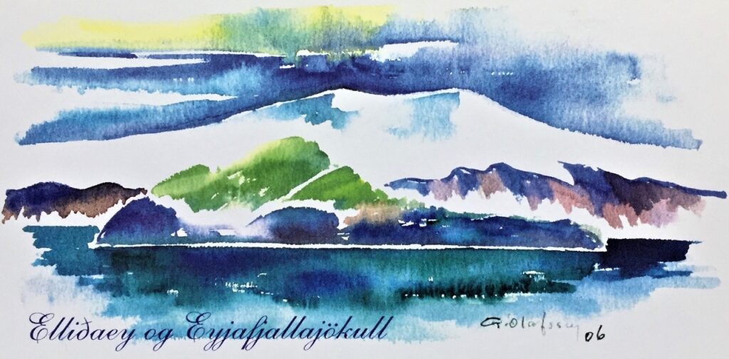 Elliðaey og Eyjafjallajökull card.