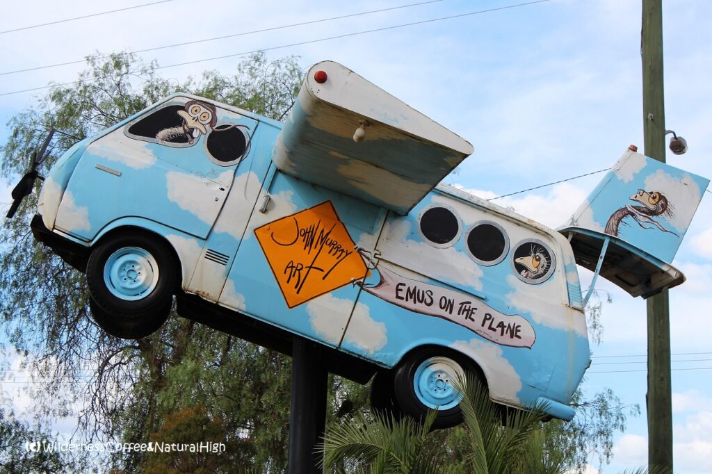 Flying emu bus, quirky work of art, Lightning Ridge, New South Wales, Australia.