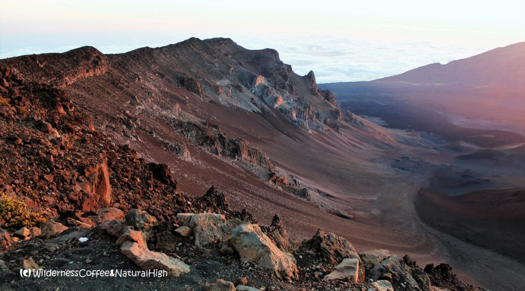 Sunrise into the Ko’olau Gap caldera on Mount Haleakala, Maui, Hawaii.