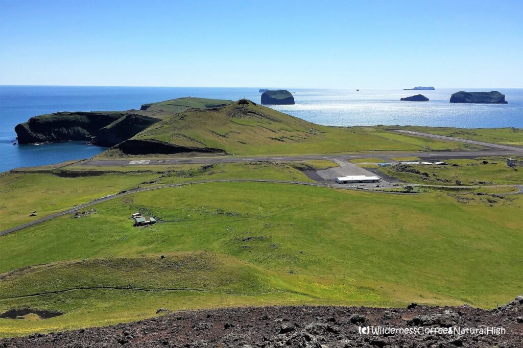 View to Heimeay airport from Helgafell, Vestmannaeyjar, Iceland.