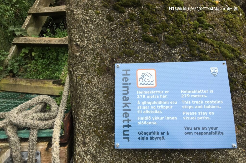 Heimaklettur hike information sign, Heimaey, Iceland.