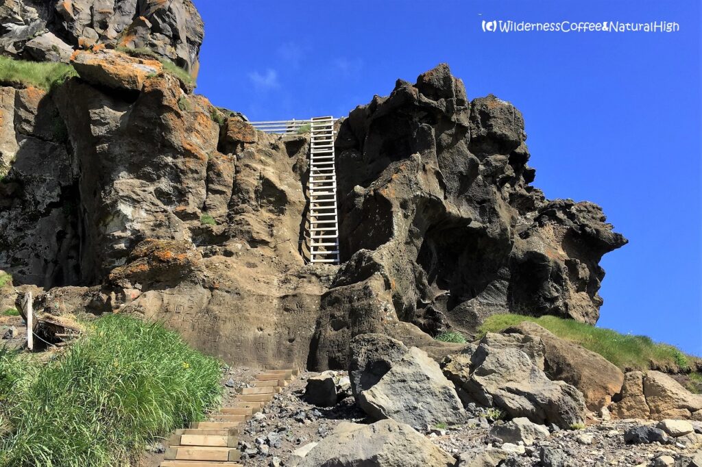 Sheepcage ladder, Heimaklettur hike, Heimaey, Iceland.