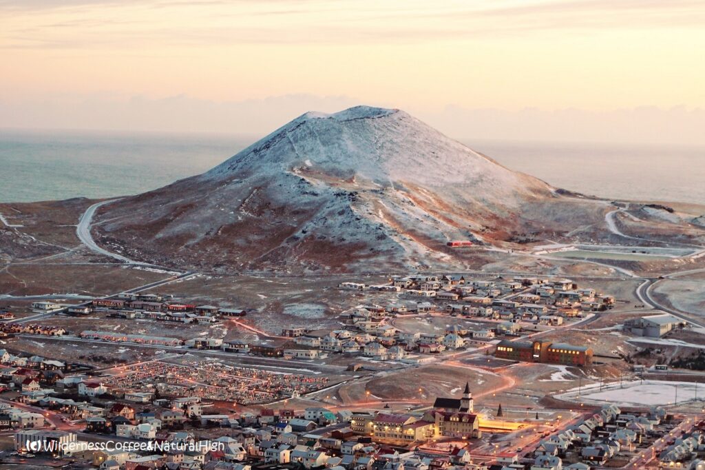 Winter sunset on Helgafell, Vestmannaeyjar, Iceland.