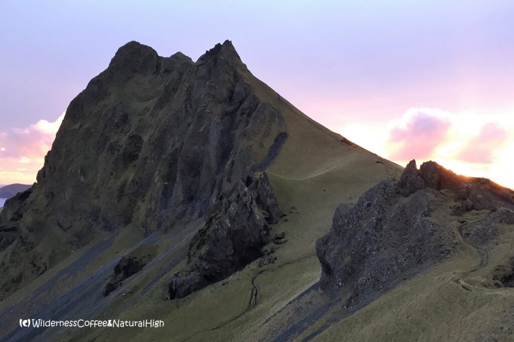 View to Blátindur, Herjólfsdalur hike, Heimaey, Vestmannaeyjar, Iceland.
