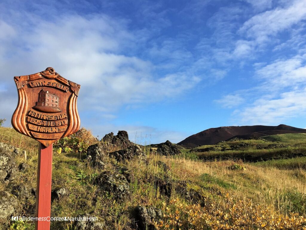 Memorial signpost Vatnsdalur, Eldfell volcano, Heimaey, Vestmannaeyjar, Iceland.