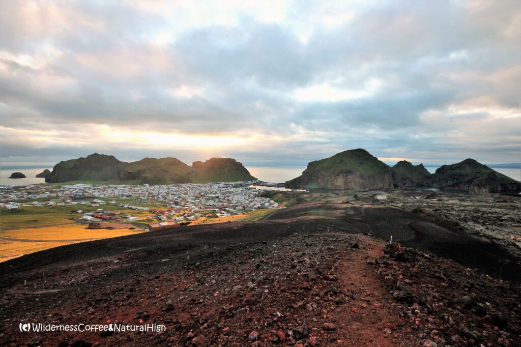Midnight sunset view from Eldfell, Vestmannaeyjar volcano islands, Iceland.