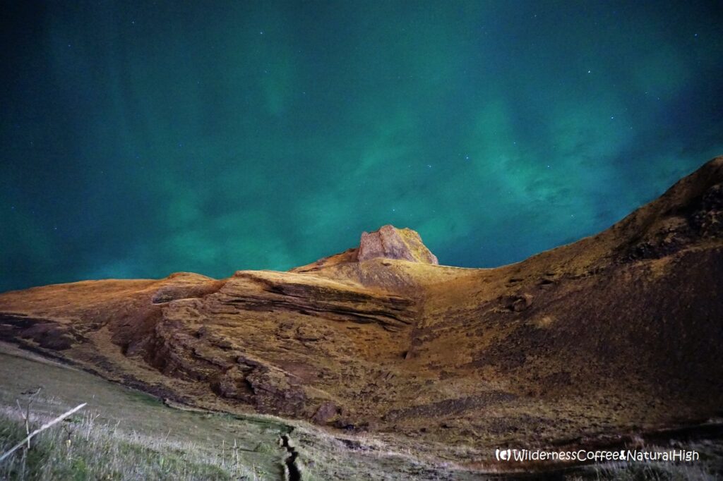 Northern lights, HáHá plateau, Herjólfsdalur, Vestmannaeyjar, Iceland.