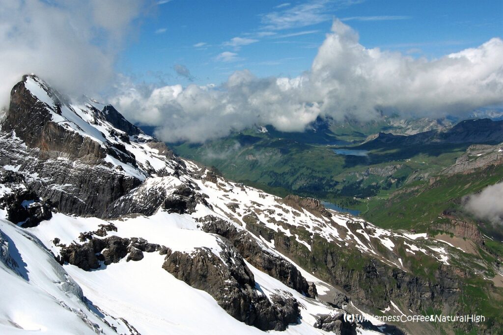 View to the valleys and lakes below Mount Titlis, Switzerland.