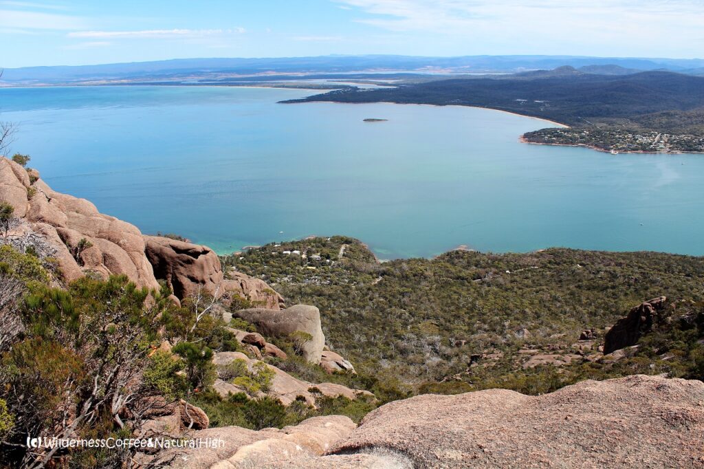 It’s a bit of a scramble but the views are worth it! Steep granite rocks, Mount Amos, The Hazards, Tasmania, Australia.