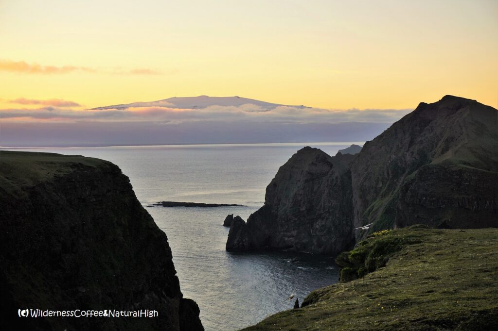 Sunrise view to Heimaklettur and Eyjafjallajökull, Heimaey, Vestmannaeyjar, Iceland.