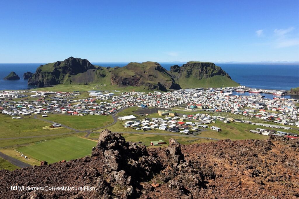 View to Herjólfsdalur and Klif from Helgafell volcano, Heimaey, Vestmannaeyjar, Iceland.