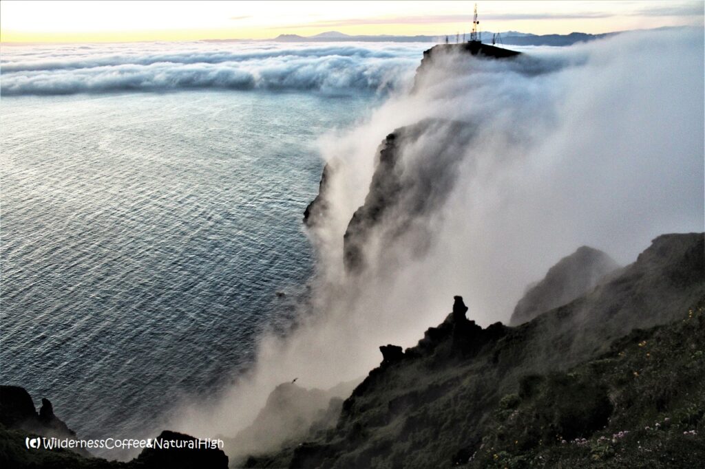 Fog waterfalls pouring over the cliffs Fog waterfalls pouring over the cliffs, Heimaey, Vestmannaeyjar, Iceland