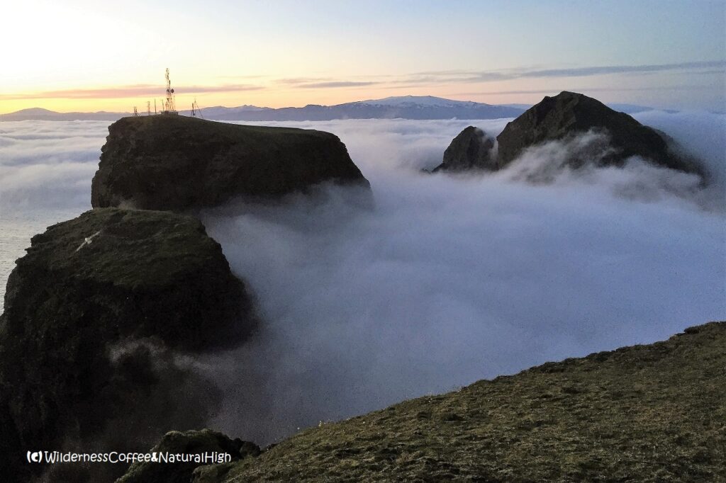 Disappearing kletturs Kletturs disappearing into the fog, Heimaey, Vestmannaeyjar, Iceland.