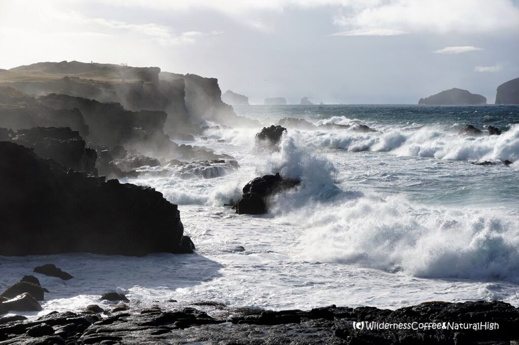 Coastal track and wild waves Heimaey coastline and wild waves, Vestmannaeyar, Iceland.