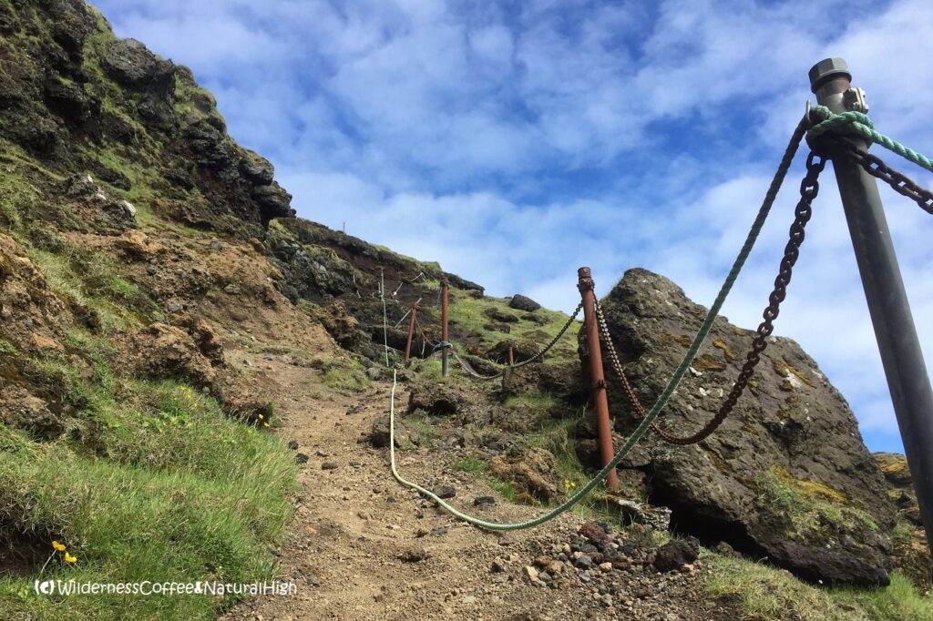 Chains and ropes on Klif Klif hike, chains and ropes, Heimaey, Vestmannaeyjar, Iceland.