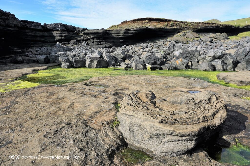 Pothole structures Klauf geological beach, Stórhöfði coastal track, Heimaey, Vestmannaeyjar, Iceland.