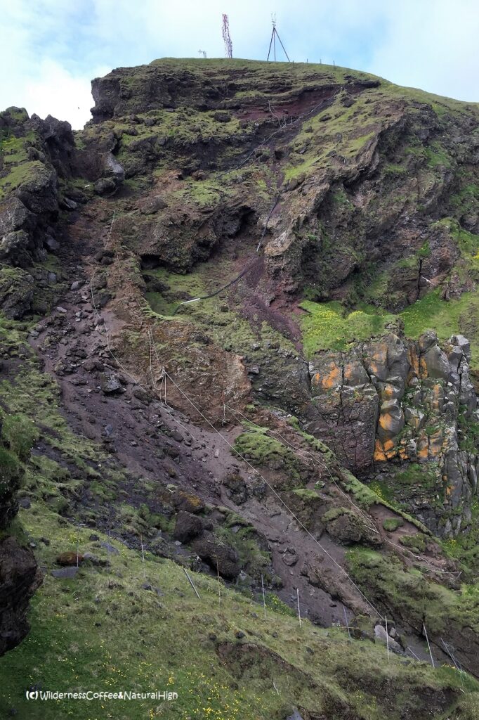 Ropes on the side of Klif Klif hike, ropes and chains, Heimaey, Vestmannaeyjar, Iceland.