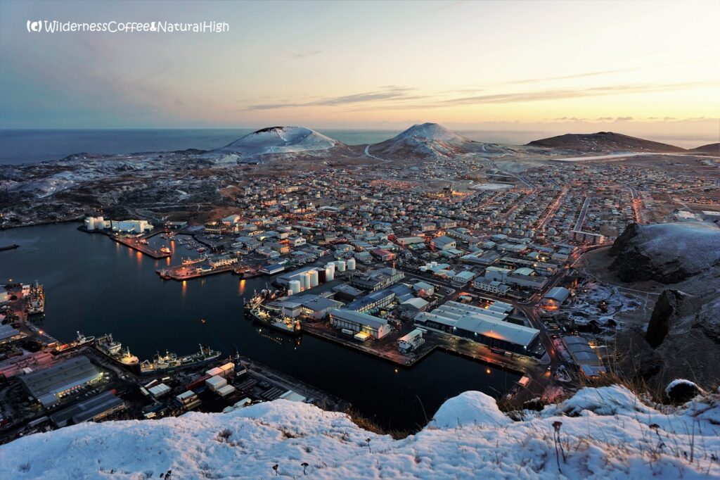 Snowy view from Klif over Heimaey Sunset and winter view over Heimaey, Vestmannaeyjar, Iceland