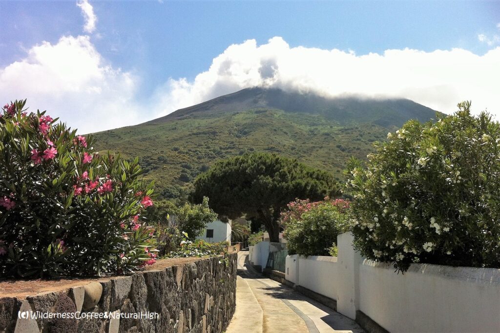 View to Stromboli volcano Stromboli volcano and town, Aeolian Islands, Italy.