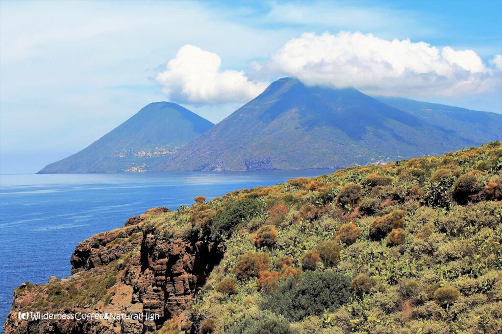 The twin volcanoes of Salina View to Salina, Quattrocchi viewpoint, Lipari, Aeolian Islands, Italy.