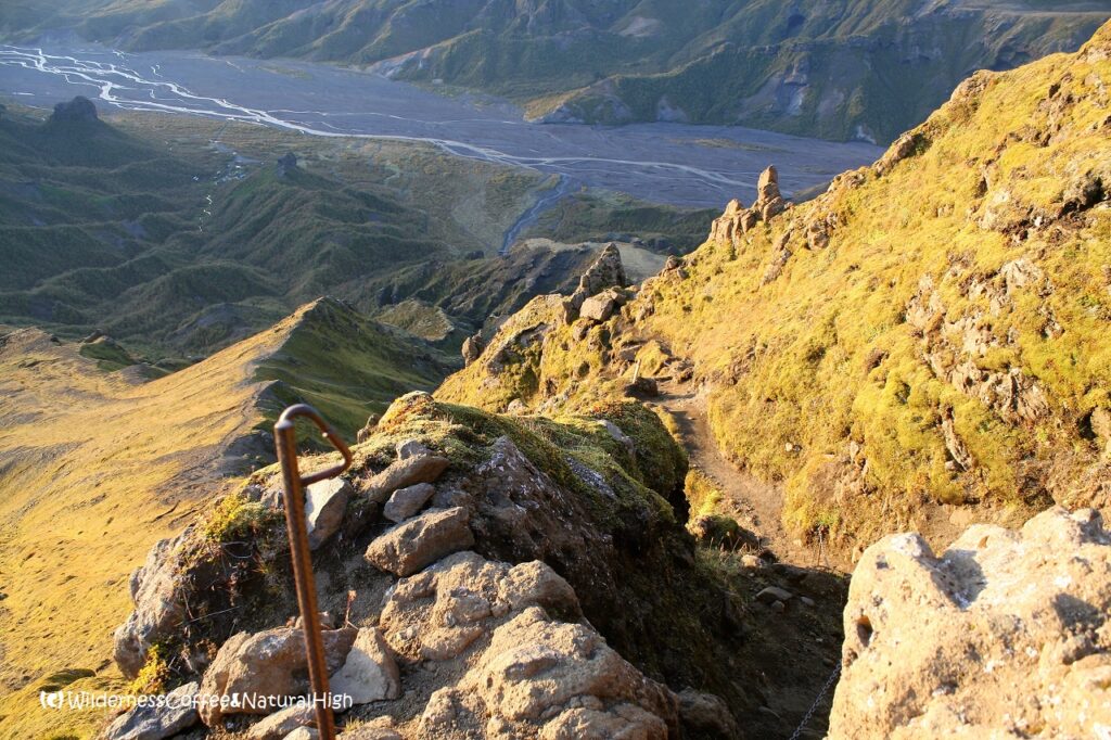 View from the top to the Krossá river Chains on the path down from Útigönguhöfði mountain, Thórsmörk, Iceland.