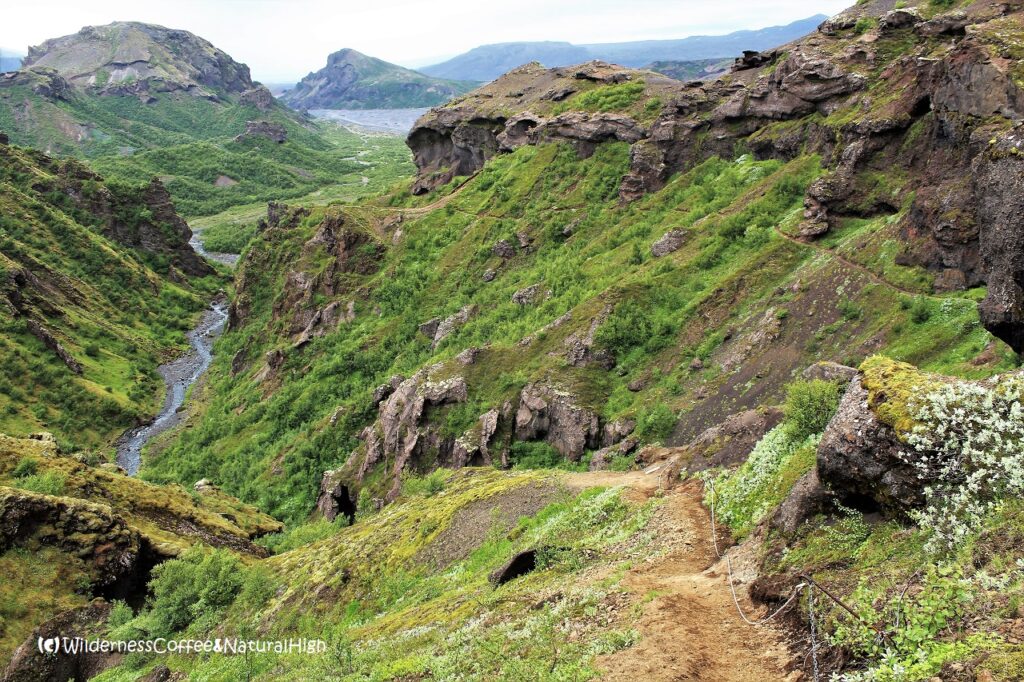 Descending down into Thórsmork Descending down into Thórsmork, Fimmvörðuháls hiking route, Iceland.