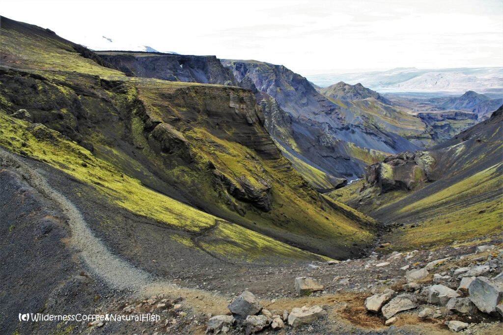 Folded valleys and Heljarkambur ridge Folded valleys and Heljarkambur ridge, Fimmvörðuháls hiking route, Thórsmörk, Iceland,