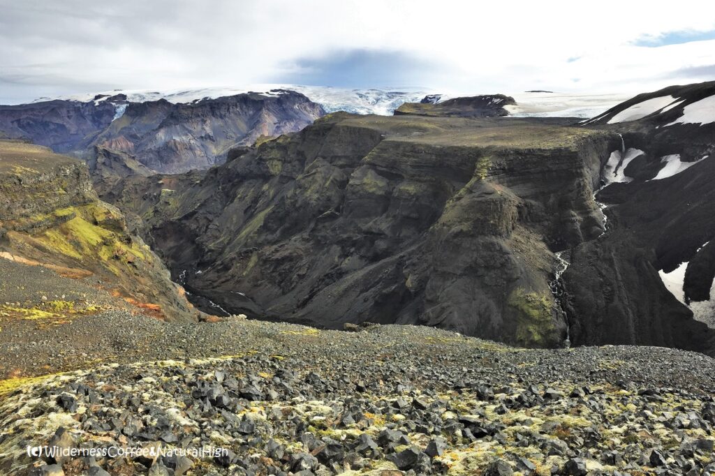 Hrunagil canyon and Katla glacier Hrunagil canyon and Katla glacier, Fimmvörðuháls hike, Thórsmörk, Iceland.