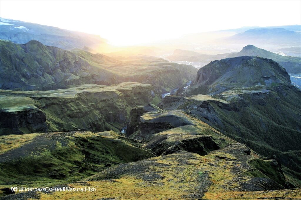 Magical sunset over Thórsmörk Magical sunset from Útigönguhöfði mountain, Thórsmörk hiking route, Iceland.