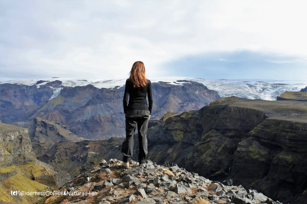 Natural high with a view to Katla glacier Katla glacier, Fimmvörðuháls hiking route, Thórsmörk, Iceland.