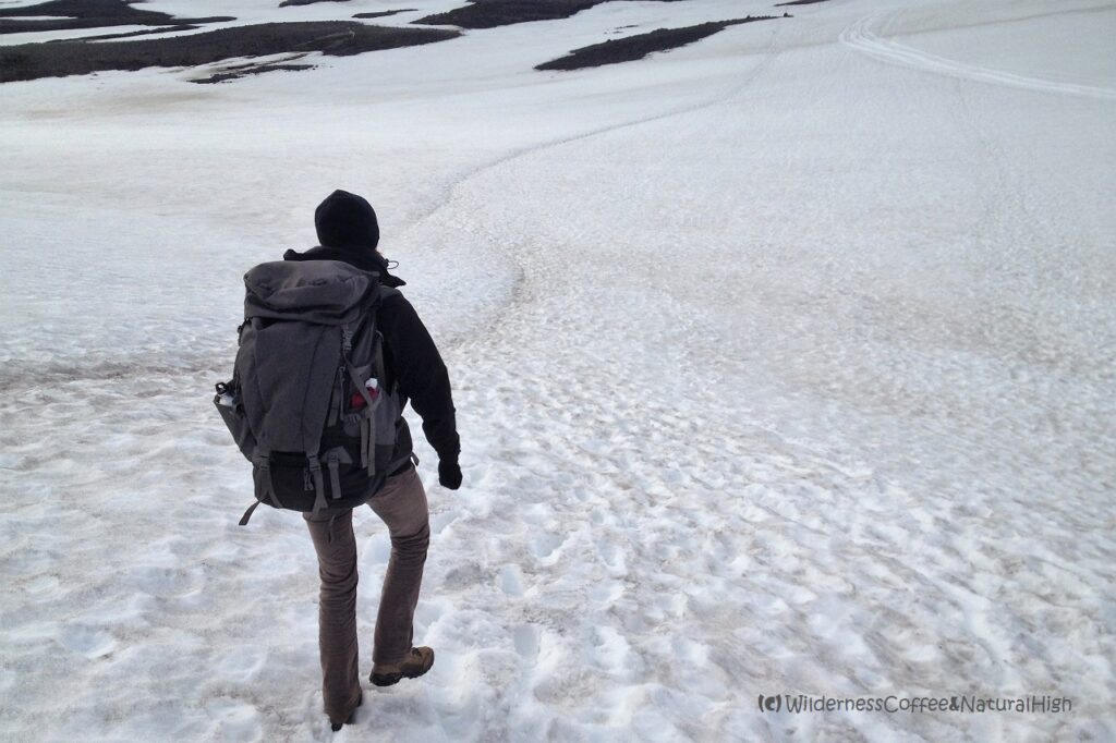 Fimmvörðuháls snowfields Snowfield crossing on Fimmvörðuháls, Iceland.