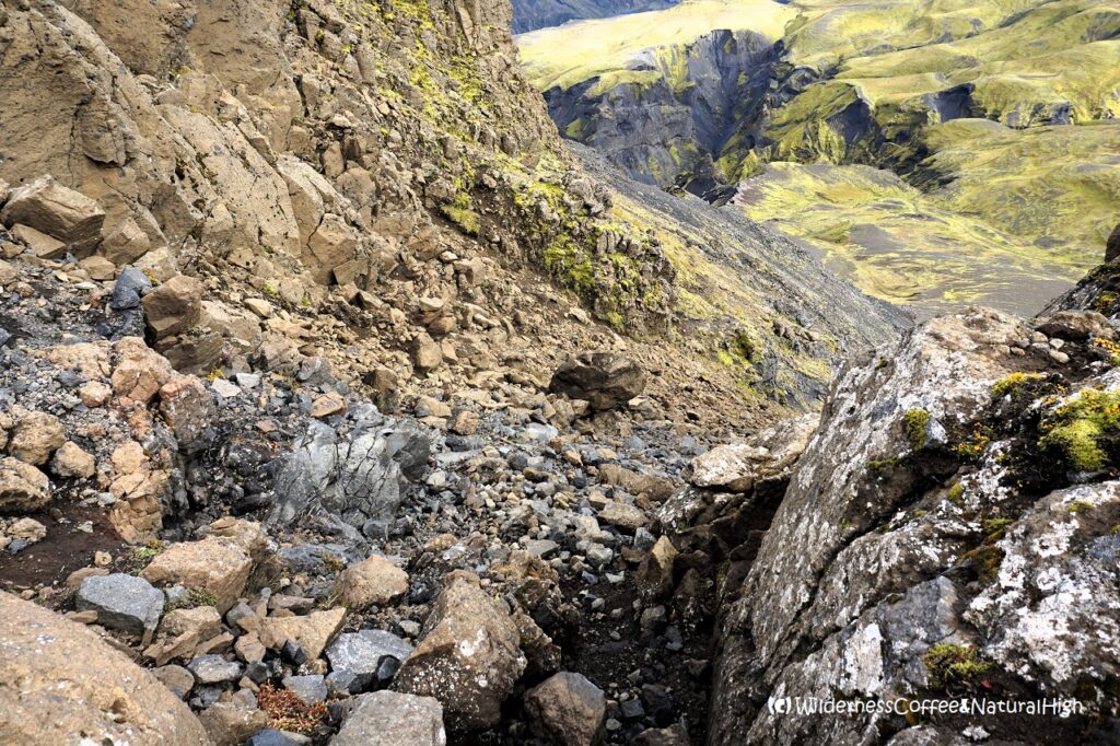 The sliding slope of Ütigönguhöfði Gravel path down Ütigönguhöfði, hiking route, Thórsmörk, Iceland.