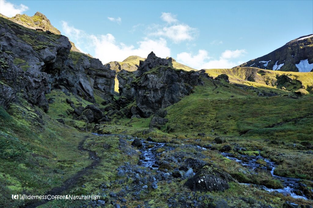 Rocky gateway Hvannárgil canyon glacial streams, Thórsmörk, Iceland.