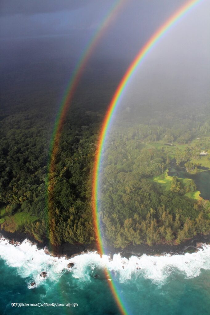 Kilauea coastal lava field & double rainbow from above.