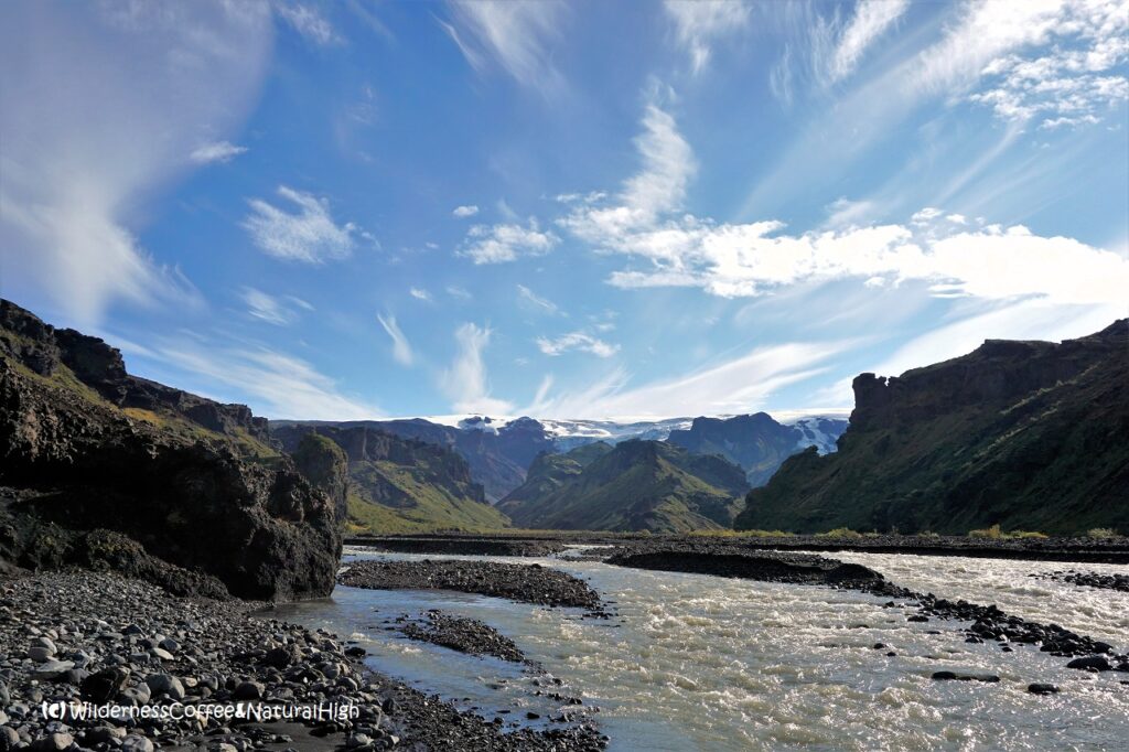 Krossá river Krossá river and Katla underneath the Mýrdalsjökull glacier, Thórsmörk, Iceland.