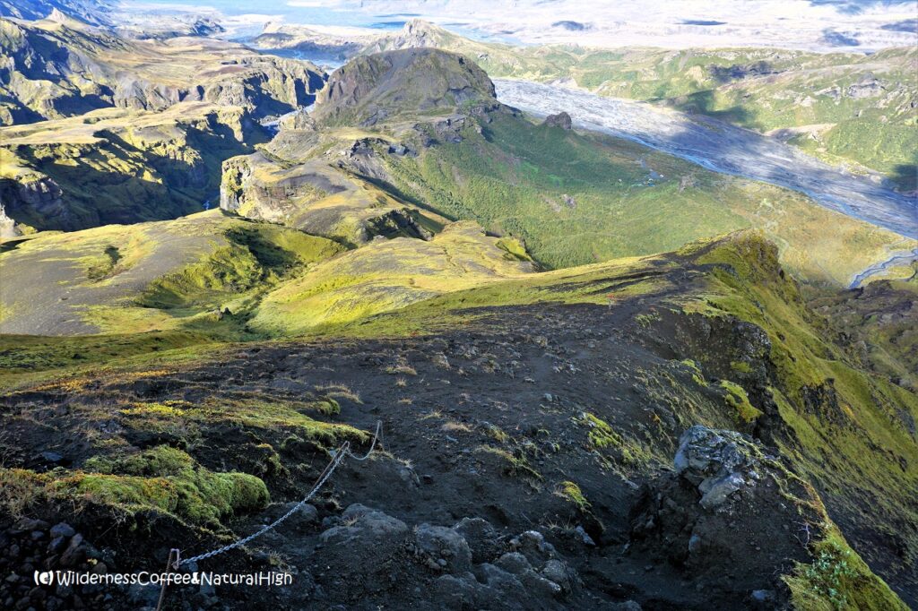 View towards Réttarfell Looking down Útigönguhöfði hiking path, Thórsmörk, Iceland.