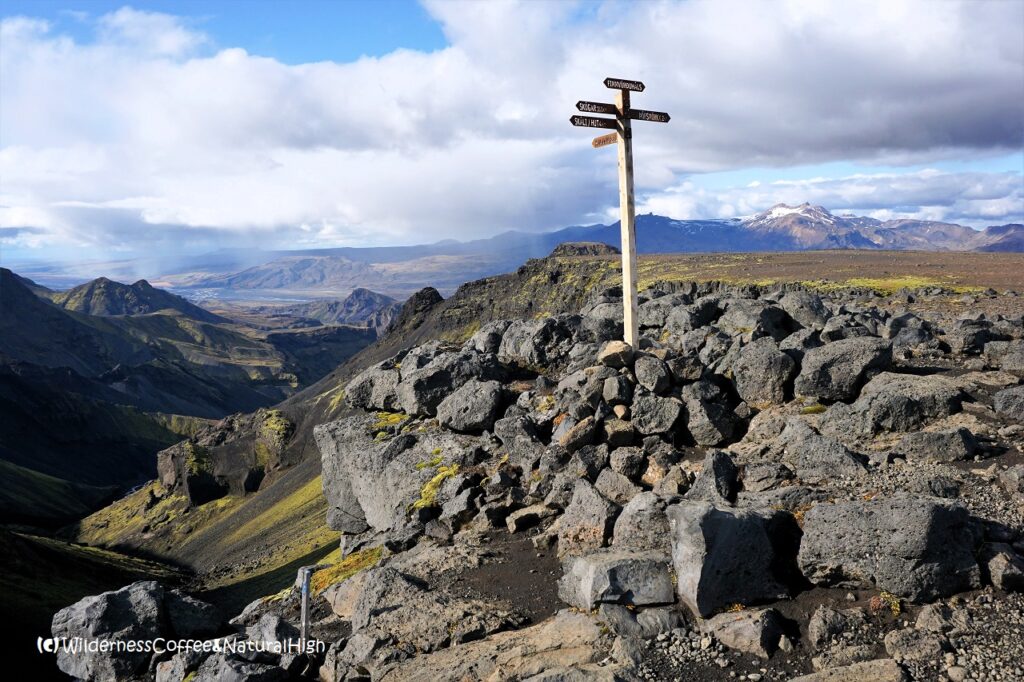 Morinsheiði signpost Morinsheiði signpost, Fimmvörðuháls hiking route, Iceland.