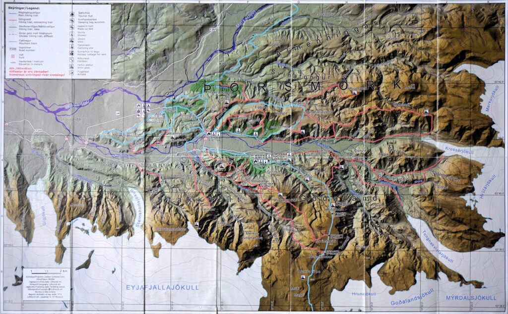 Hiking routes in Thórsmörk Thórsmörk hiking map, Iceland.