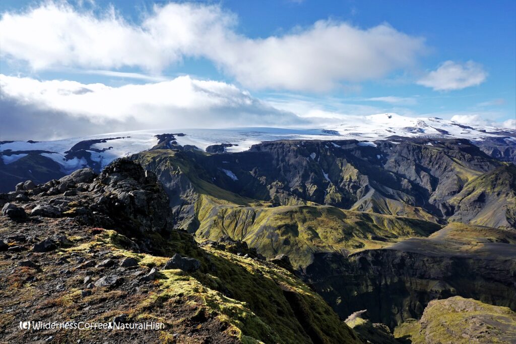 View from the top to Katla View to Katla from Útigönguhöfði, Thórsmörk, Iceland.