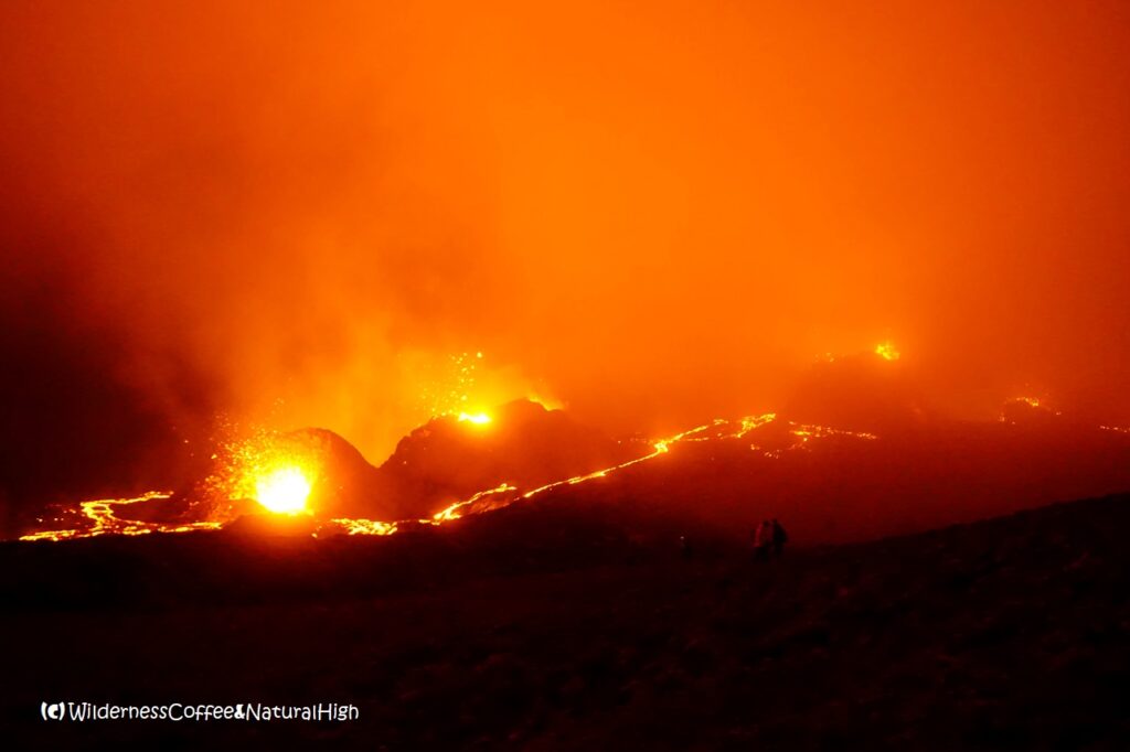 Foggy flaming volcanoes, Geldingadalur, Iceland.