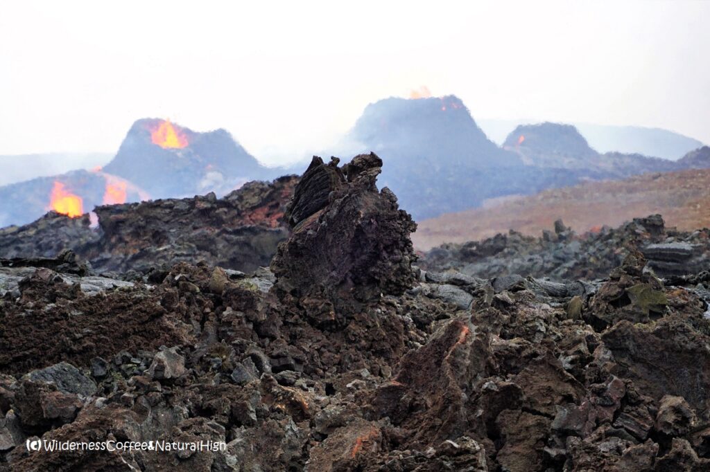 Erupting volcanoes and lava flow shapes, Geldingadalur, Iceland.