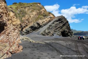Geological formations at Marokopa beach, North Island, New Zealand.