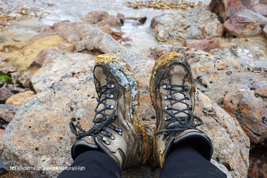 Muddy shoes, Hveradalir geothermal valley, Kerlingarfjöll, Iceland.