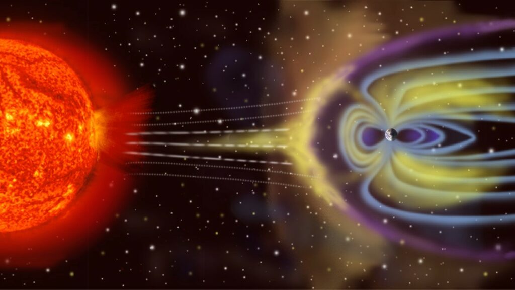 Solar flare and Earth's magnetic field diagram Solar flare and Earth's magnetic field diagram.